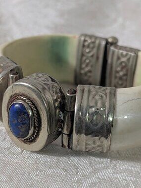 Bone Silver & Lapis Hinged Cuff Bangle Bracelet Vintage